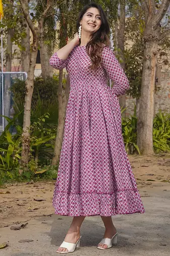 Onion pink rayon digital print designer gown for festive