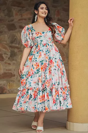 Off white rayon digital print designer gown for festive