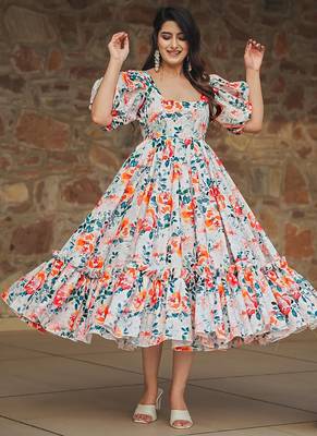 Off white rayon digital print designer gown for festive 2