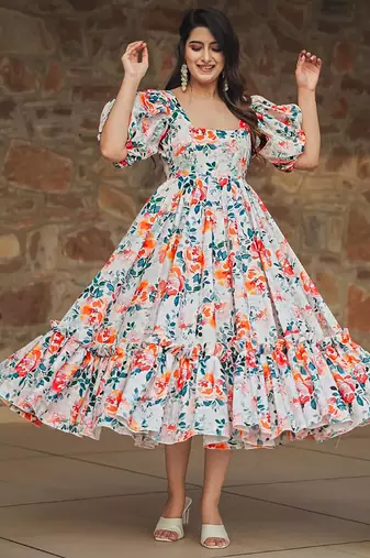 Off white rayon digital print designer gown for festive