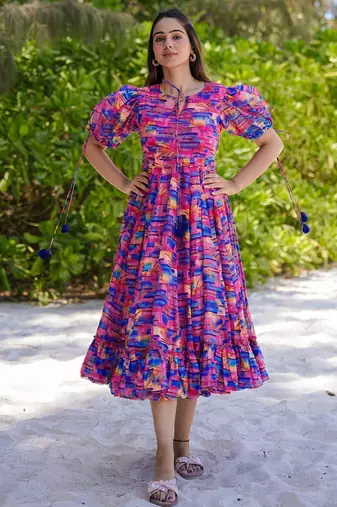 Multi color rayon digital print designer gown for festive