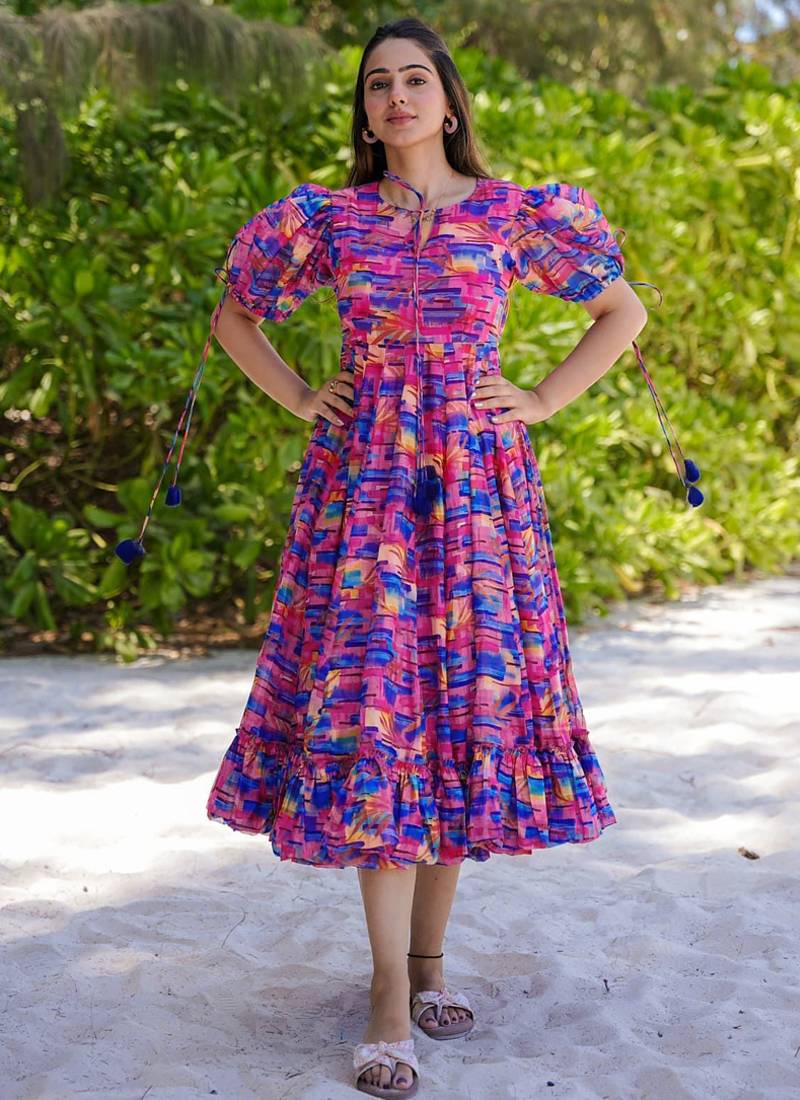 Multi color reyon digital print designer gown for festive