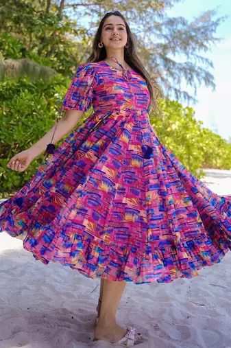Multi color rayon digital print designer gown for festive