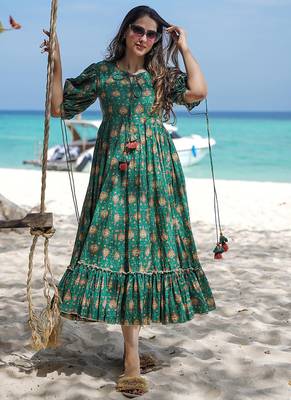 Green rayon digital print designer gown for festive 1