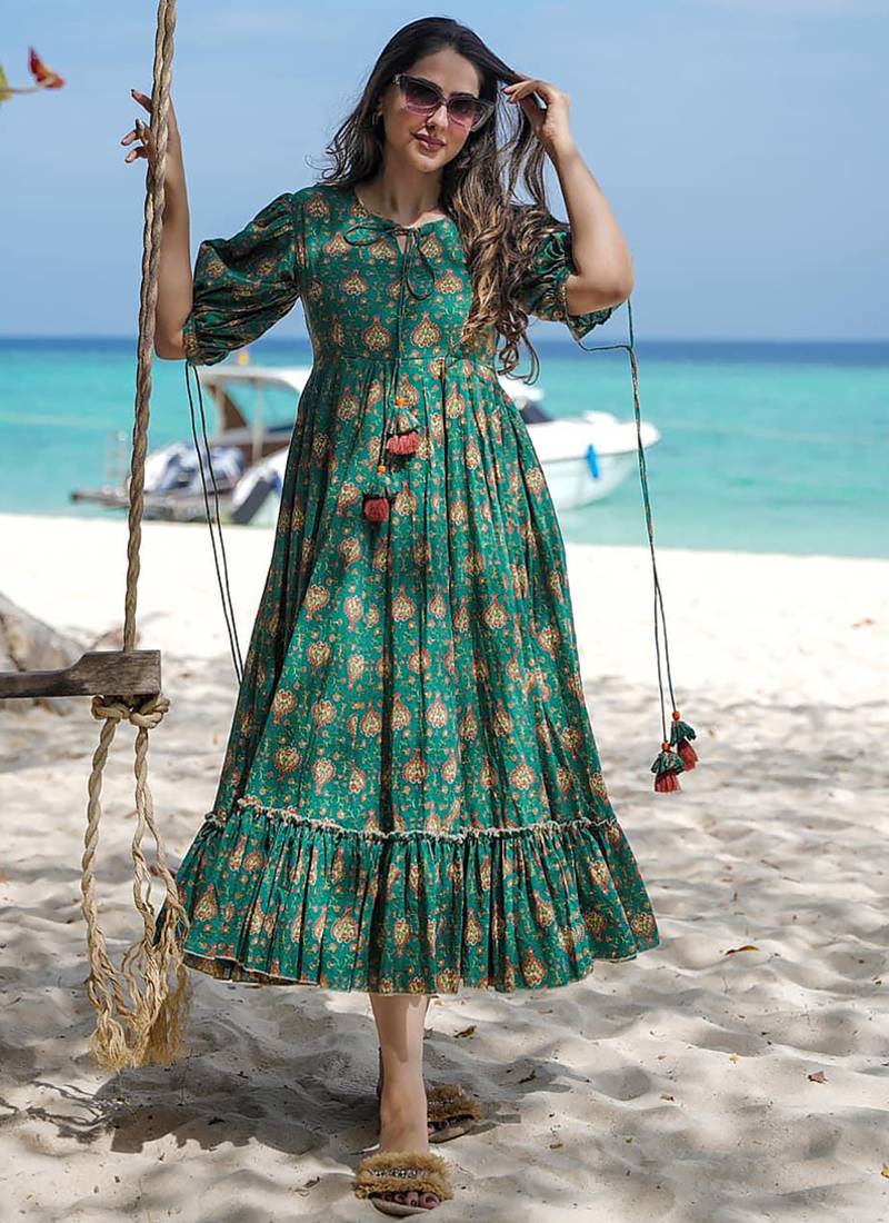 Green reyon digital print designer gown for festive