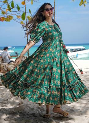 Green rayon digital print designer gown for festive 2