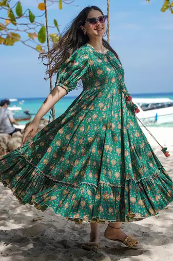 Green rayon digital print designer gown for festive