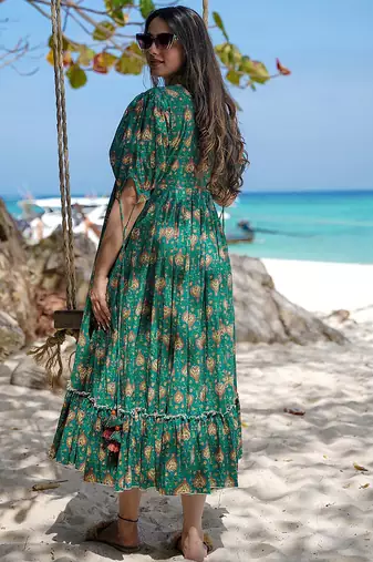 Green rayon digital print designer gown for festive