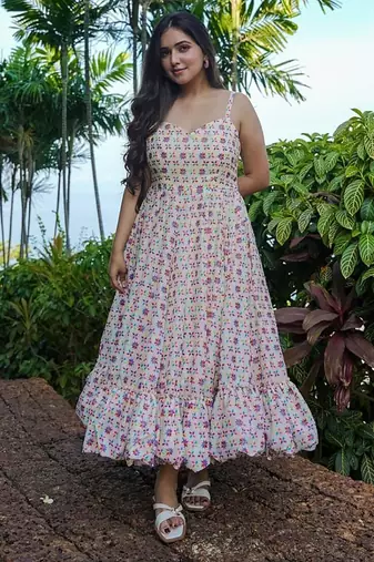 Off white rayon digital print designer gown for festive