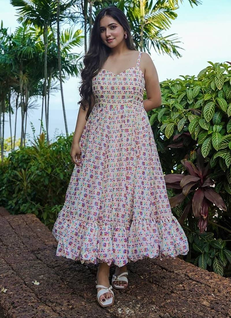 Off white reyon digital print designer gown for festive