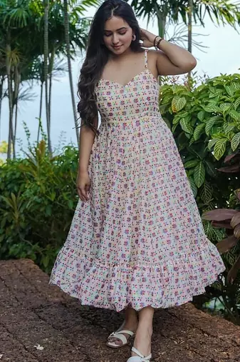 Off white rayon digital print designer gown for festive