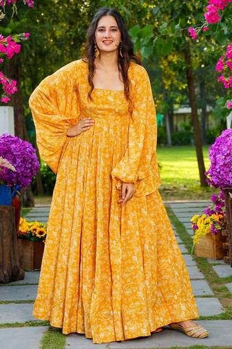 Yellow georgette digital print designer gown for festive