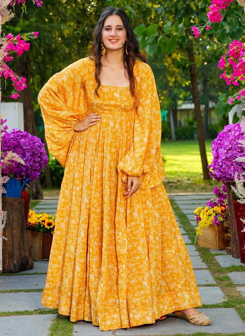 Yellow georgette digital print designer gown for festive