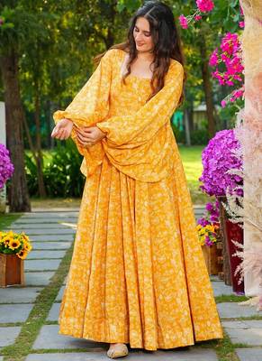 Yellow georgette digital print designer gown for festive 2