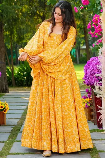 Yellow georgette digital print designer gown for festive
