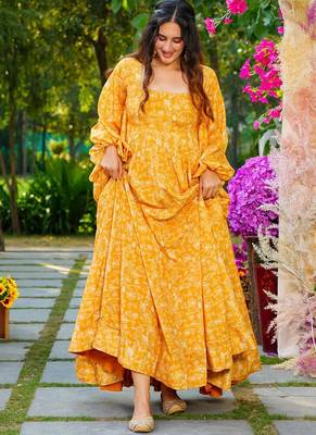 Yellow georgette digital print designer gown for festive 3