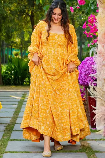 Yellow georgette digital print designer gown for festive