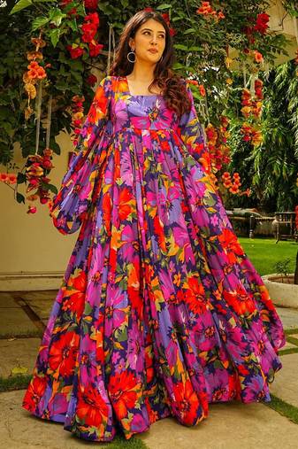 Multi color georgette digital print designer gown for festive