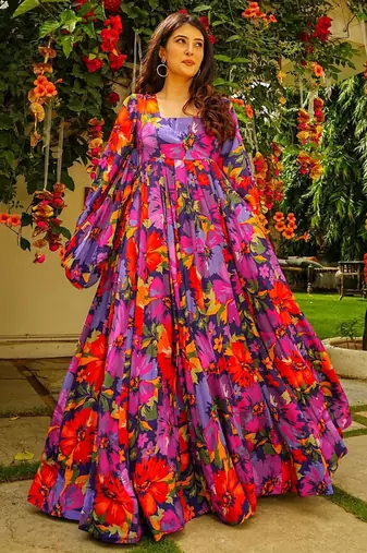 Multi color georgette digital print designer gown for festive