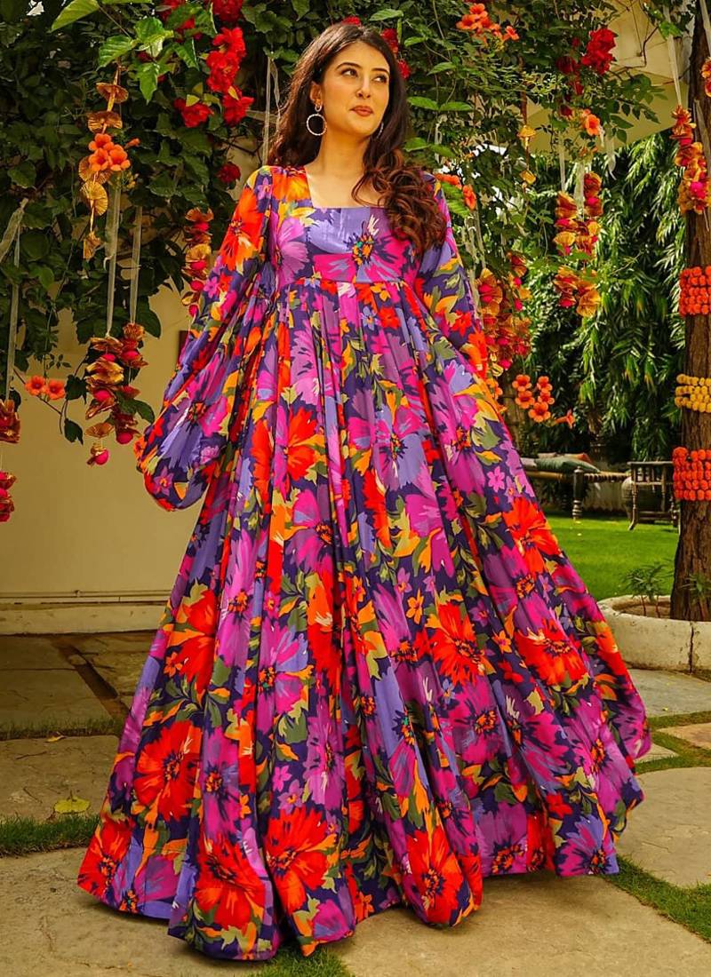 Multi color georgette digital print designer gown for festive