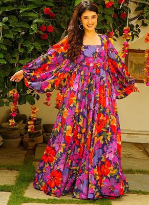 Multi color georgette digital print designer gown for festive 2