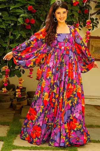 Multi color georgette digital print designer gown for festive