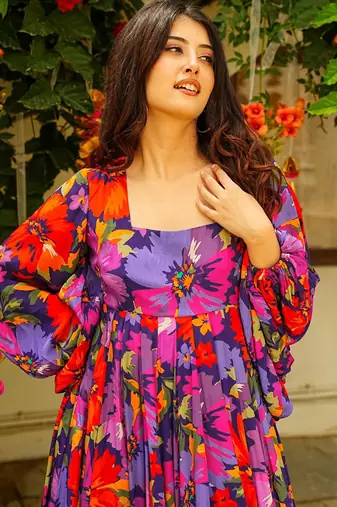 Multi color georgette digital print designer gown for festive