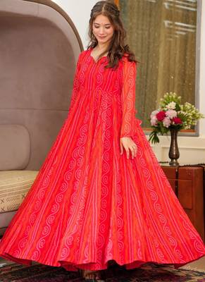 Red georgette digital print designer gown for festive 1