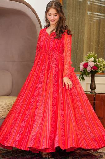 Red georgette digital print designer gown for festive