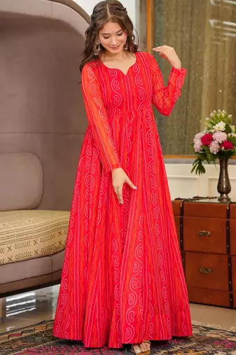 Red georgette digital print designer gown for festive