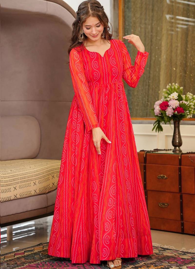 Red georgette digital print designer gown for festive
