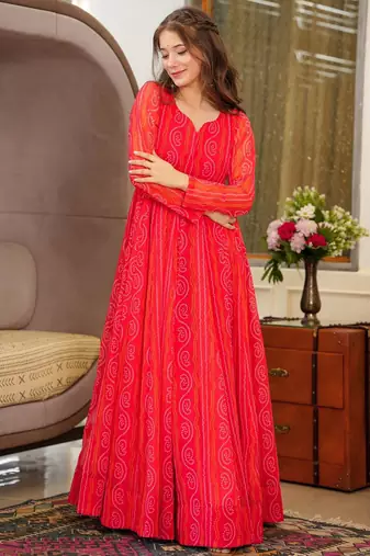 Red georgette digital print designer gown for festive