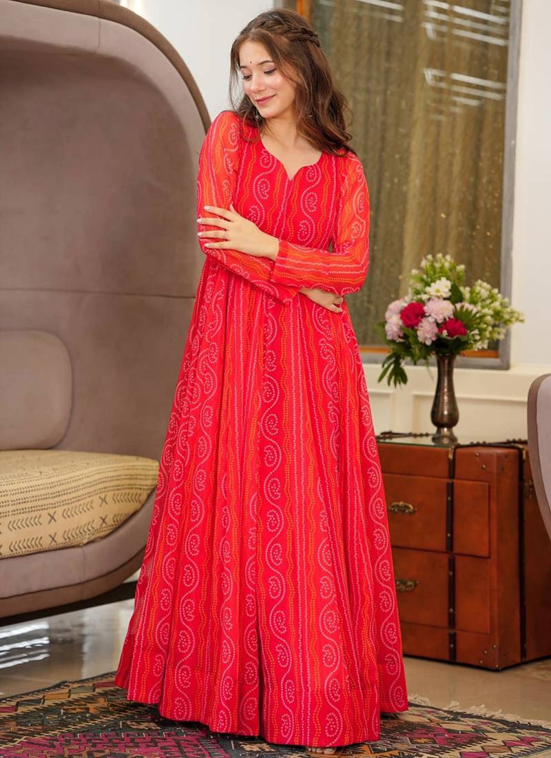 Red georgette digital print designer gown for festive