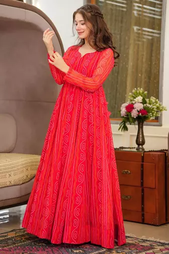 Red georgette digital print designer gown for festive