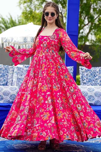 Pink georgette digital print designer gown for festive