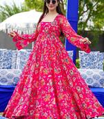 Pink georgette digital print designer gown for festive
