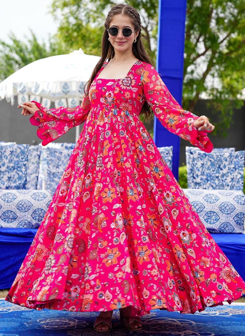 Pink georgette digital print designer gown for festive