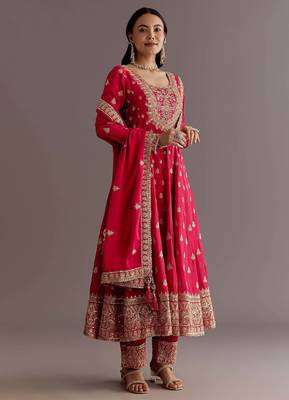 Red Chinnon Silk Heavy Embroidery Work  Party wear Gown 1