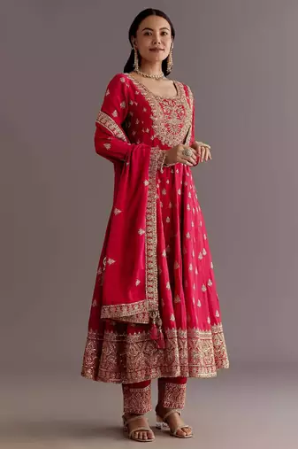 Red Chinnon Silk Heavy Embroidery Work Designer Party wear Gown