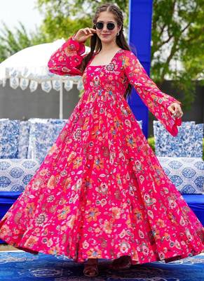 Pink georgette digital print designer gown for festive 3