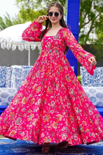 Pink georgette digital print designer gown for festive