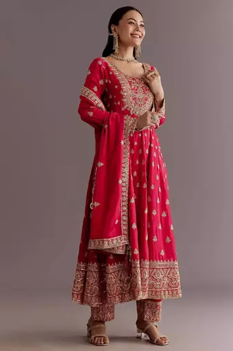 Red Chinnon Silk Heavy Embroidery Work Designer Party wear Gown