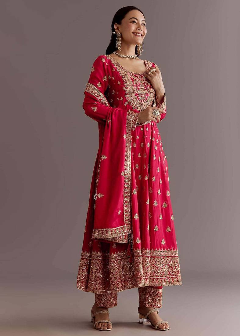 Red Chinnon Silk Heavy Embroidery Work Designer Party wear Gown