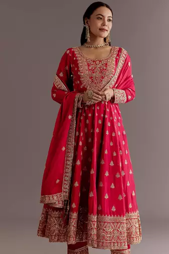 Red Chinnon Silk Heavy Embroidery Work Designer Party wear Gown