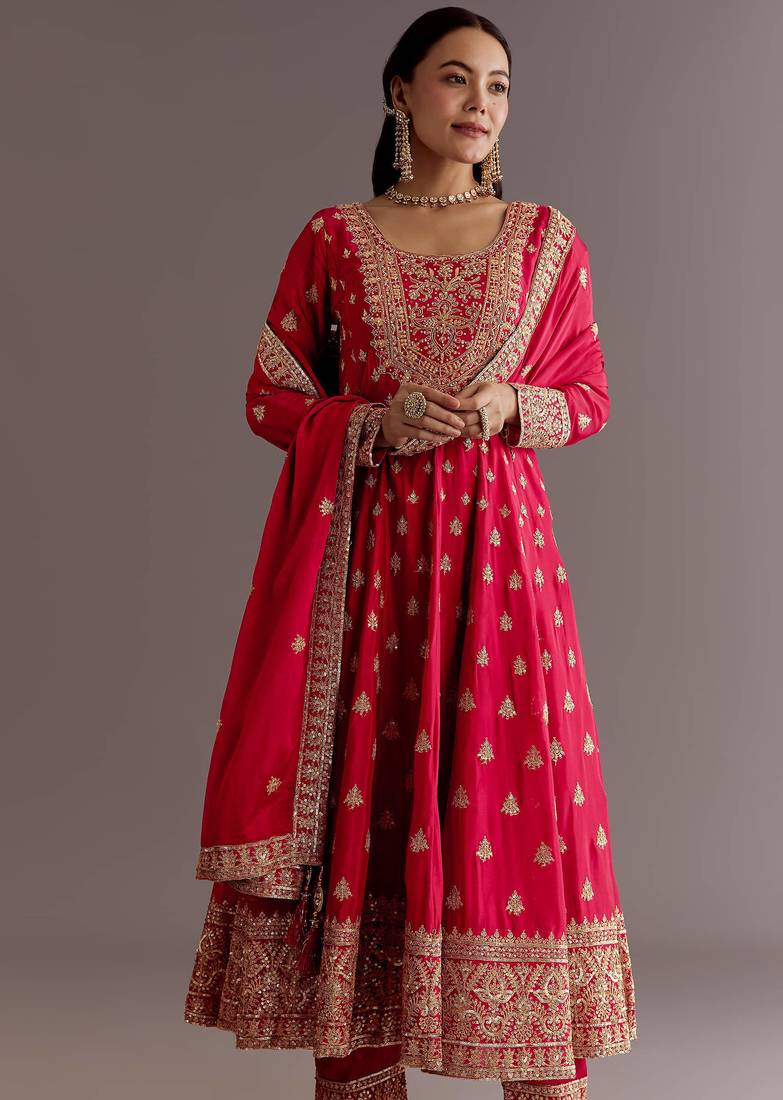 Red Chinnon Silk Heavy Embroidery Work Designer Party wear Gown