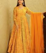 Yellow georgette digital print designer gown for festive