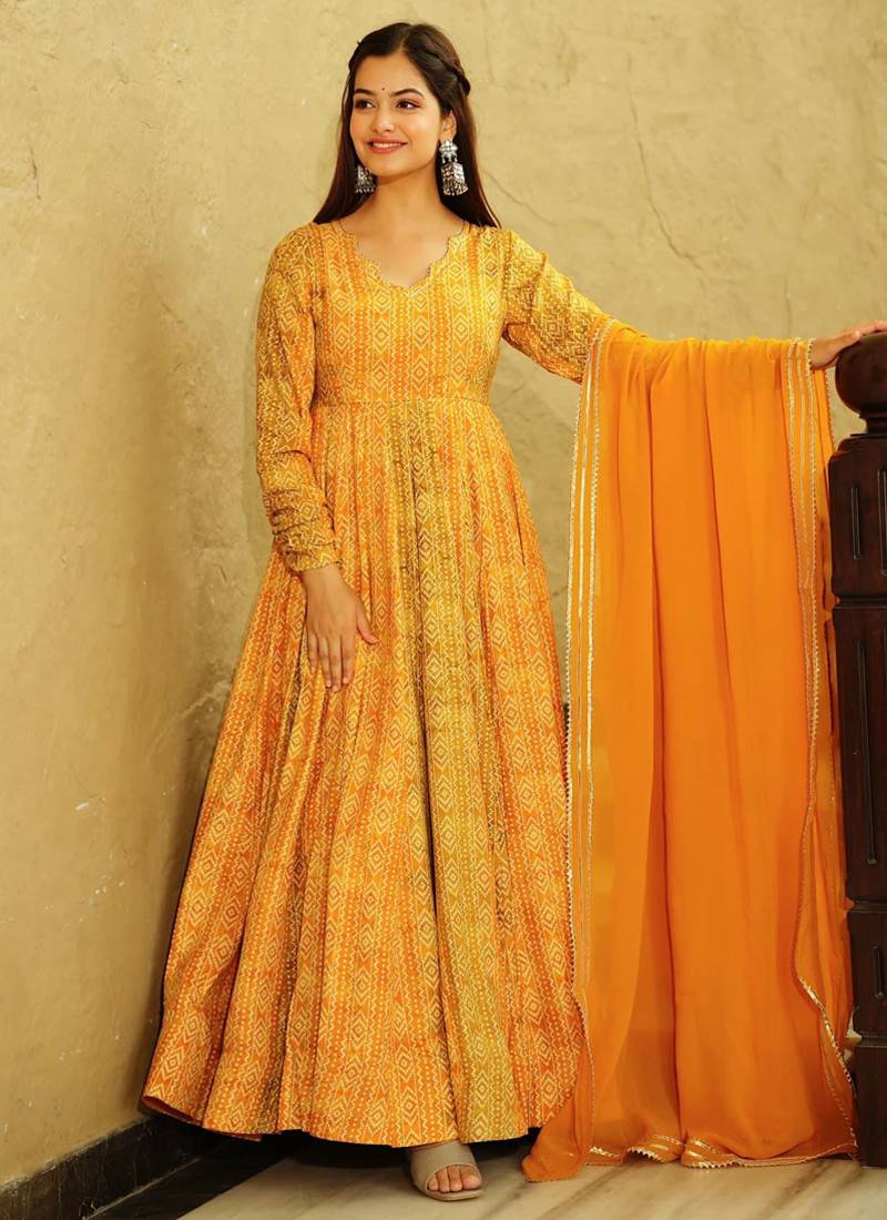 Yellow georgette digital print designer gown for festive