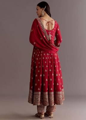 Red Chinnon Silk Heavy Embroidery Work  Party wear Gown 4