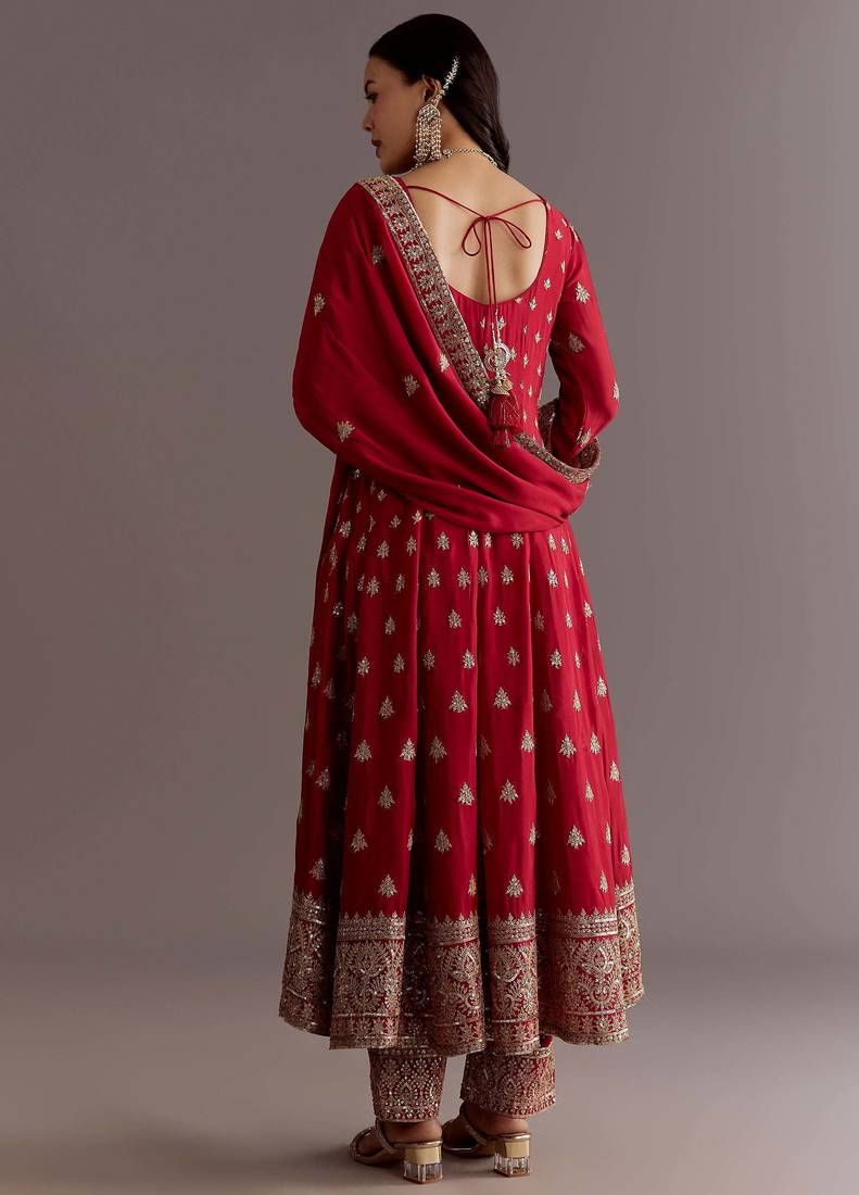 Red Chinnon Silk Heavy Embroidery Work Designer Party wear Gown