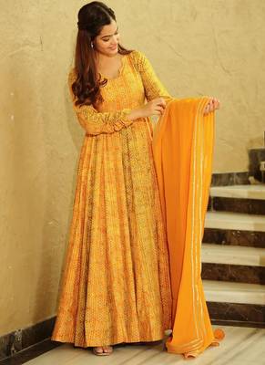 Yellow georgette digital print designer gown for festive 2